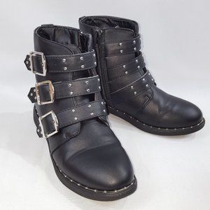 Punk Biker Boots Black Buckles Studs Girls 7